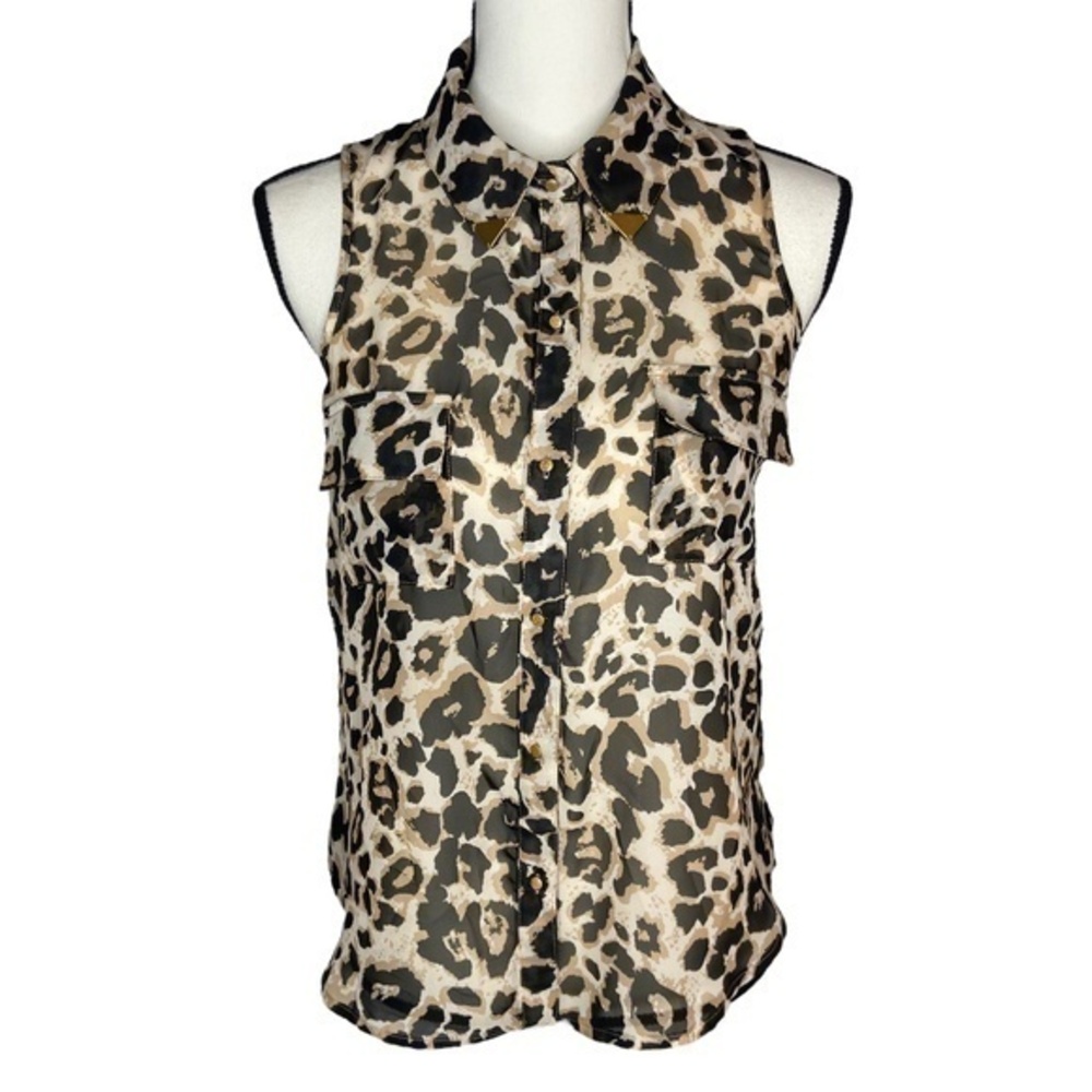 Self Esteem Semi Sheer Leopard Print Sleeveless Button Down Top Size S